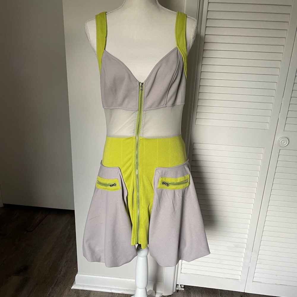 Green/gray clubbing dress with mesh panel and cut out back